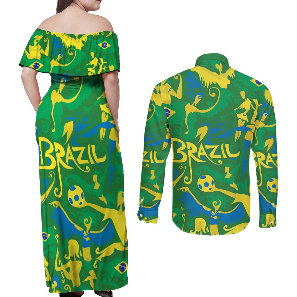 Brazil Ordem e Progresso Couples Matching Off Shoulder Maxi Dress and Long Sleeve Button Shirt Native Brasil Mixed Together