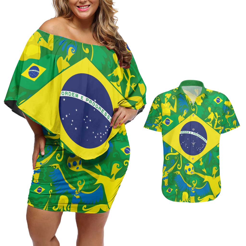 Brazil Ordem e Progresso Couples Matching Off Shoulder Short Dress and Hawaiian Shirt Native Brasil Mixed Together