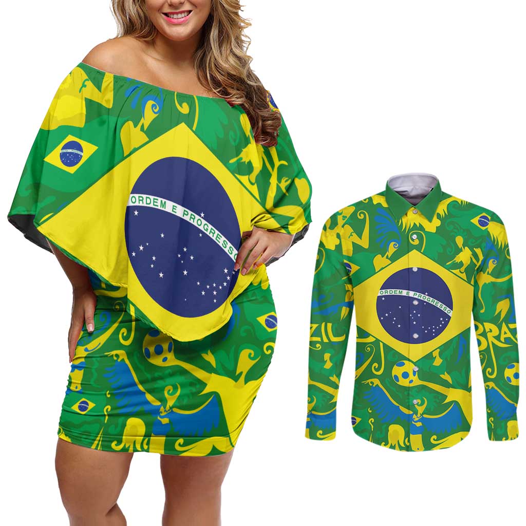 Brazil Ordem e Progresso Couples Matching Off Shoulder Short Dress and Long Sleeve Button Shirt Native Brasil Mixed Together