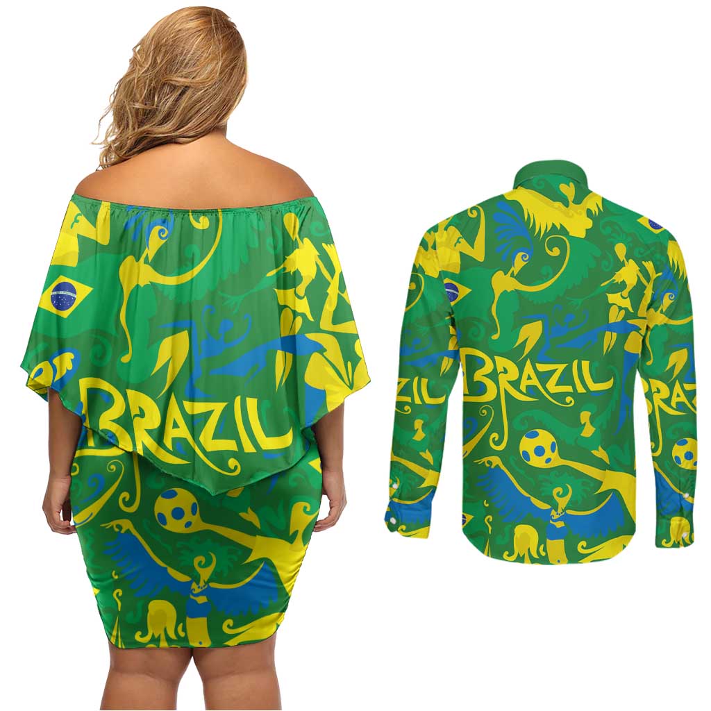 Brazil Ordem e Progresso Couples Matching Off Shoulder Short Dress and Long Sleeve Button Shirt Native Brasil Mixed Together