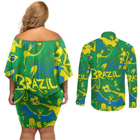 Brazil Ordem e Progresso Couples Matching Off Shoulder Short Dress and Long Sleeve Button Shirt Native Brasil Mixed Together