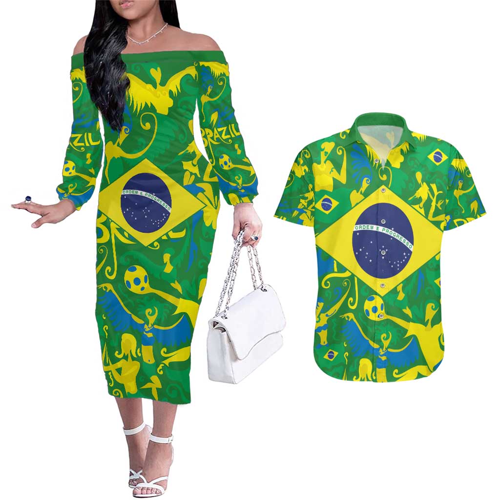 Brazil Ordem e Progresso Couples Matching Off The Shoulder Long Sleeve Dress and Hawaiian Shirt Native Brasil Mixed Together