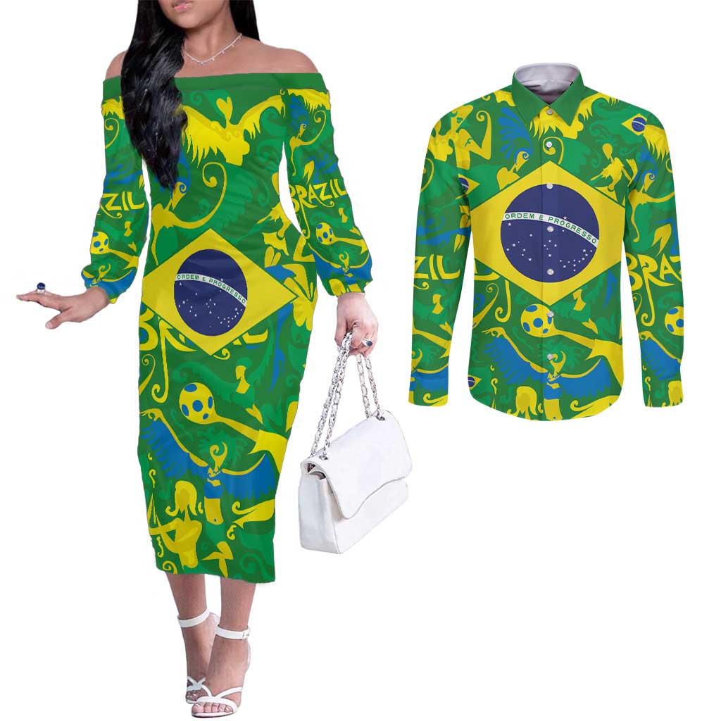 Brazil Ordem e Progresso Couples Matching Off The Shoulder Long Sleeve Dress and Long Sleeve Button Shirt Native Brasil Mixed Together