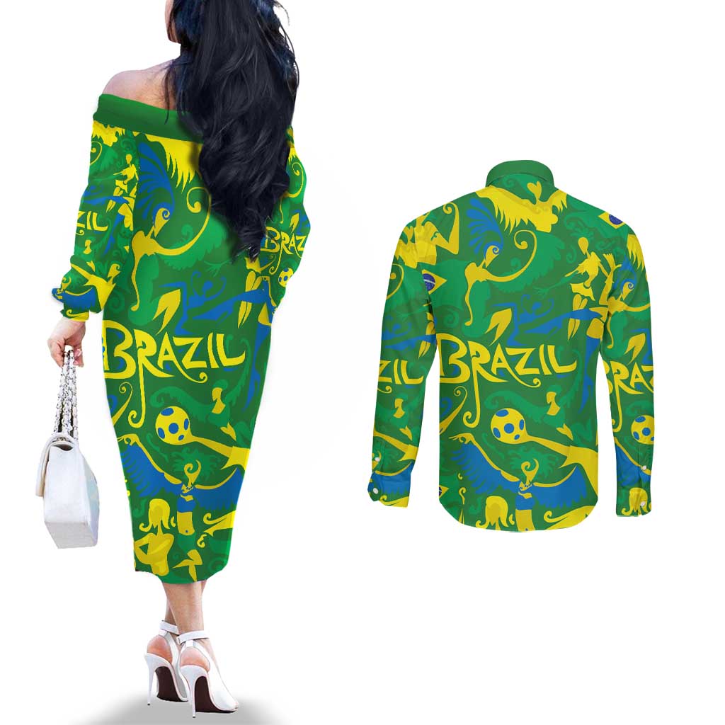 Brazil Ordem e Progresso Couples Matching Off The Shoulder Long Sleeve Dress and Long Sleeve Button Shirt Native Brasil Mixed Together