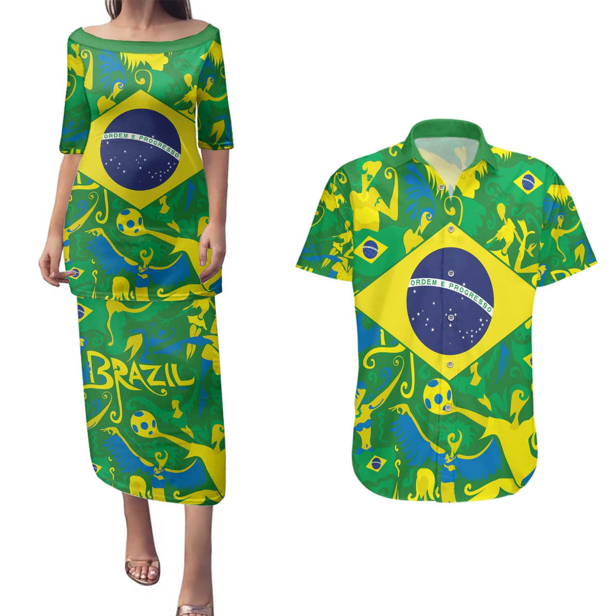 Brazil Ordem e Progresso Couples Matching Puletasi and Hawaiian Shirt Native Brasil Mixed Together