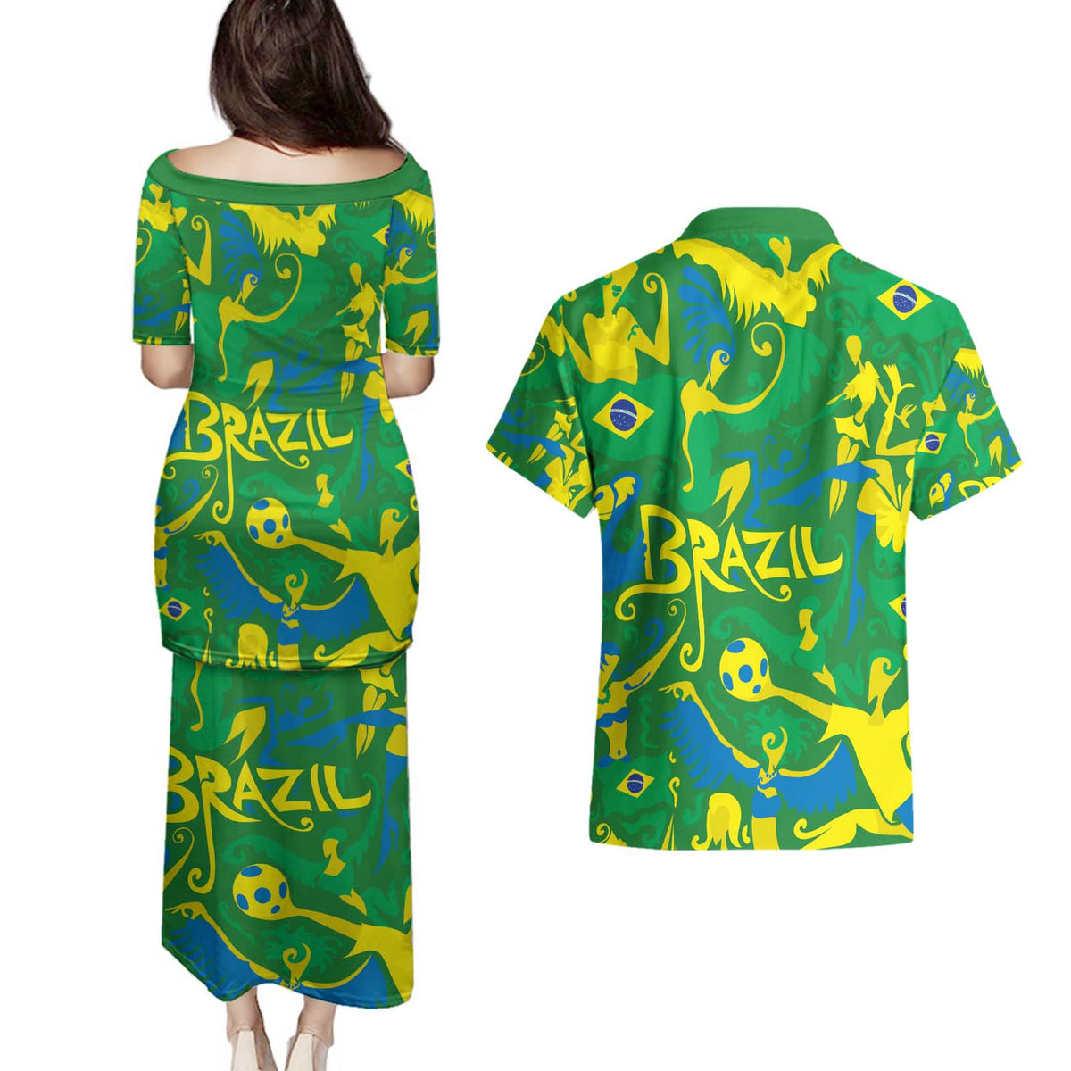 Brazil Ordem e Progresso Couples Matching Puletasi and Hawaiian Shirt Native Brasil Mixed Together