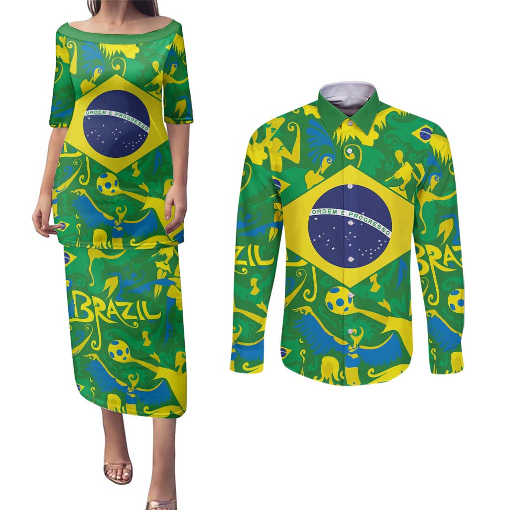 Brazil Ordem e Progresso Couples Matching Puletasi and Long Sleeve Button Shirt Native Brasil Mixed Together