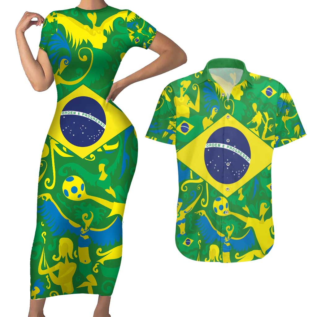 Brazil Ordem e Progresso Couples Matching Short Sleeve Bodycon Dress and Hawaiian Shirt Native Brasil Mixed Together