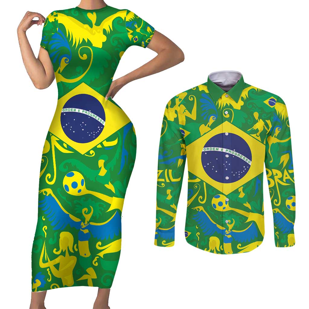 Brazil Ordem e Progresso Couples Matching Short Sleeve Bodycon Dress and Long Sleeve Button Shirt Native Brasil Mixed Together