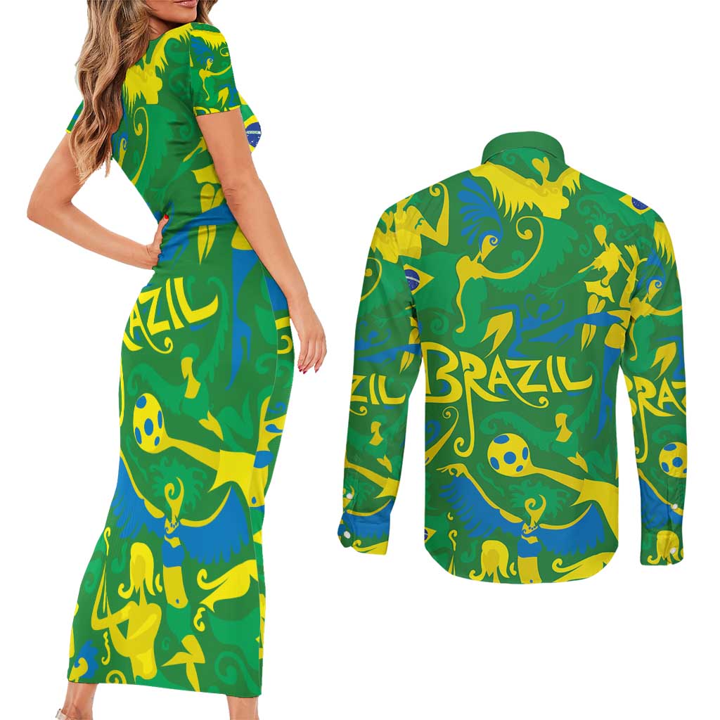 Brazil Ordem e Progresso Couples Matching Short Sleeve Bodycon Dress and Long Sleeve Button Shirt Native Brasil Mixed Together