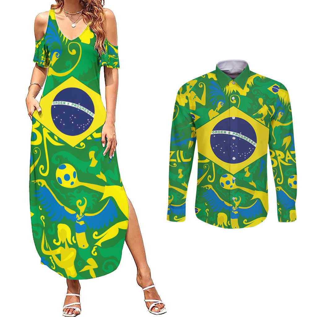 Brazil Ordem e Progresso Couples Matching Summer Maxi Dress and Long Sleeve Button Shirt Native Brasil Mixed Together