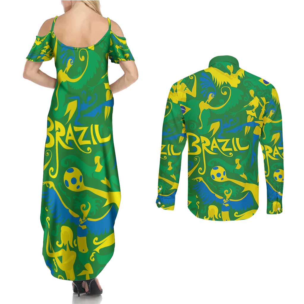 Brazil Ordem e Progresso Couples Matching Summer Maxi Dress and Long Sleeve Button Shirt Native Brasil Mixed Together