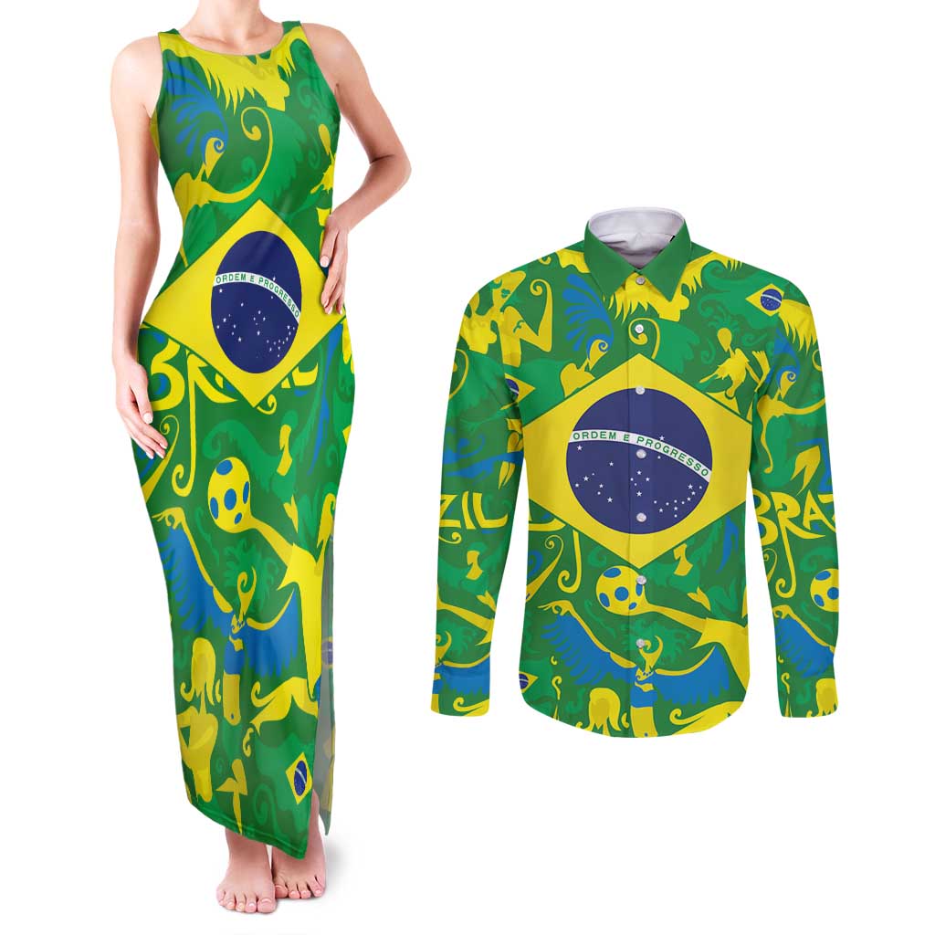 Brazil Ordem e Progresso Couples Matching Tank Maxi Dress and Long Sleeve Button Shirt Native Brasil Mixed Together