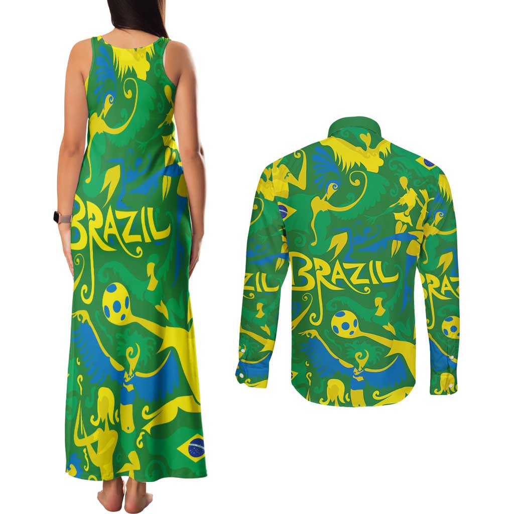 Brazil Ordem e Progresso Couples Matching Tank Maxi Dress and Long Sleeve Button Shirt Native Brasil Mixed Together