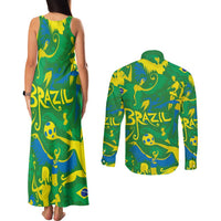 Brazil Ordem e Progresso Couples Matching Tank Maxi Dress and Long Sleeve Button Shirt Native Brasil Mixed Together