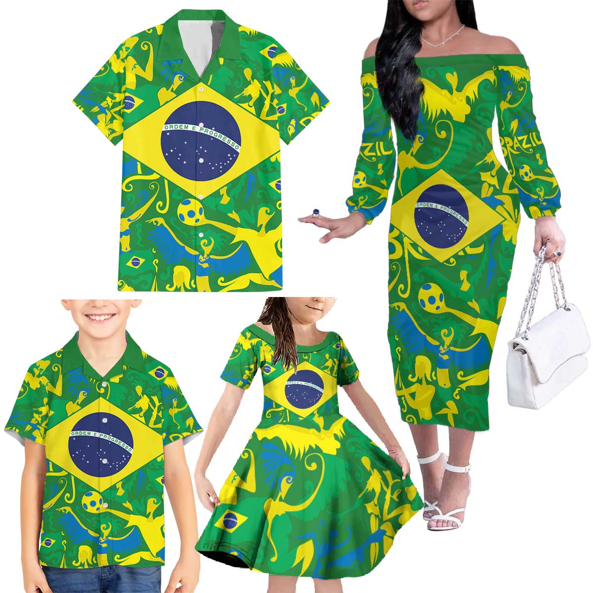 Brazil Ordem e Progresso Family Matching Off The Shoulder Long Sleeve Dress and Hawaiian Shirt Native Brasil Mixed Together