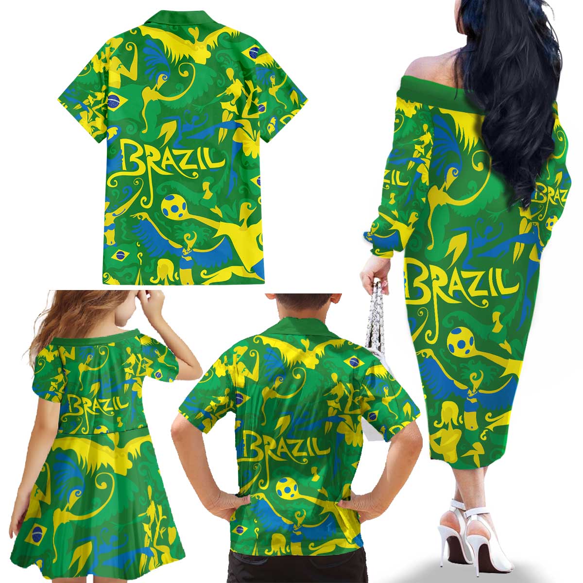 Brazil Ordem e Progresso Family Matching Off The Shoulder Long Sleeve Dress and Hawaiian Shirt Native Brasil Mixed Together