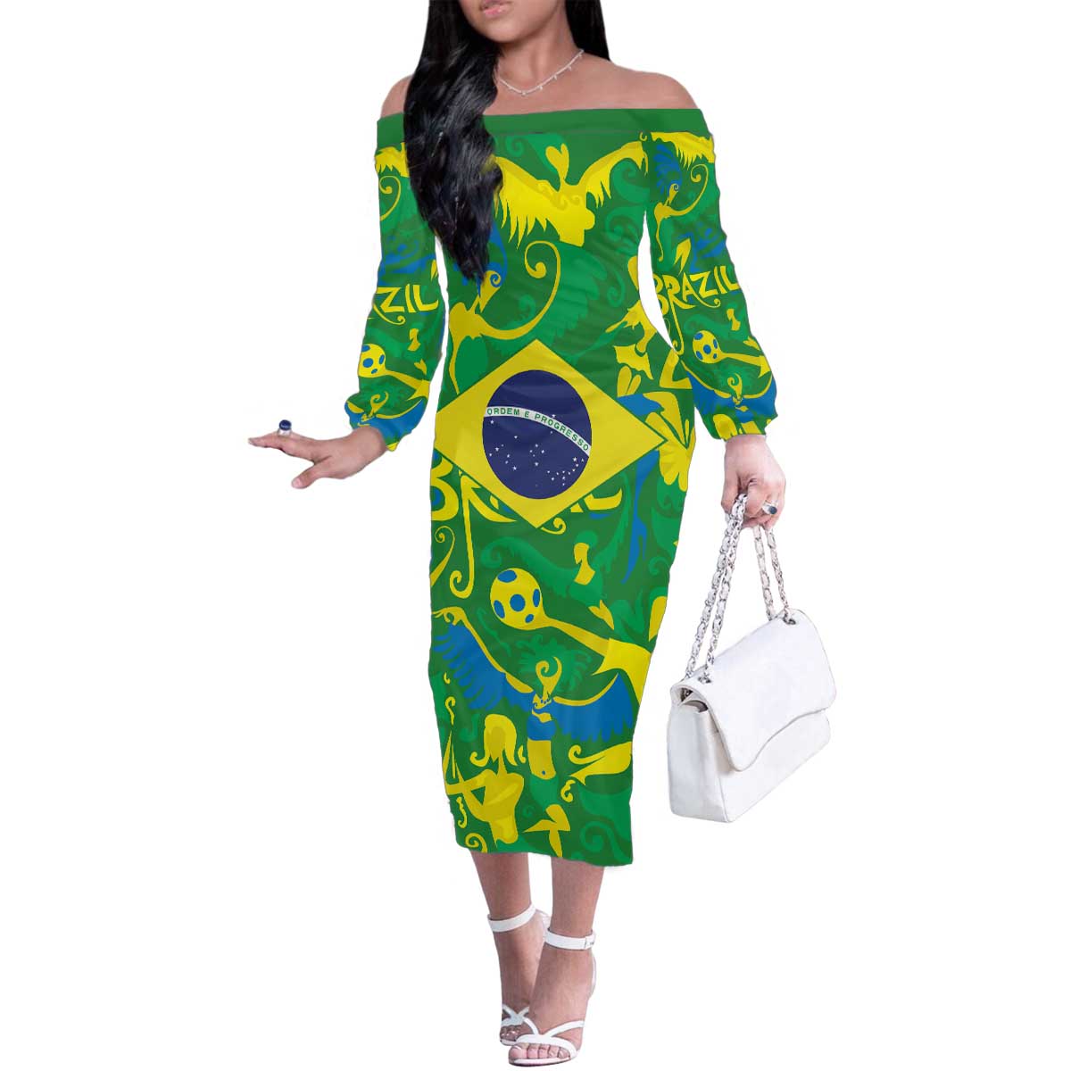 Brazil Ordem e Progresso Family Matching Off The Shoulder Long Sleeve Dress and Hawaiian Shirt Native Brasil Mixed Together