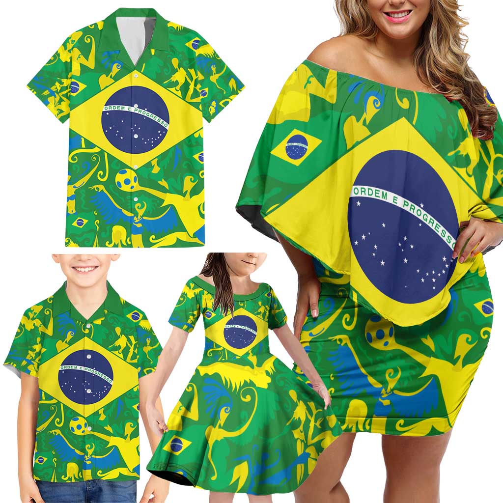 Brazil Ordem e Progresso Family Matching Off Shoulder Short Dress and Hawaiian Shirt Native Brasil Mixed Together