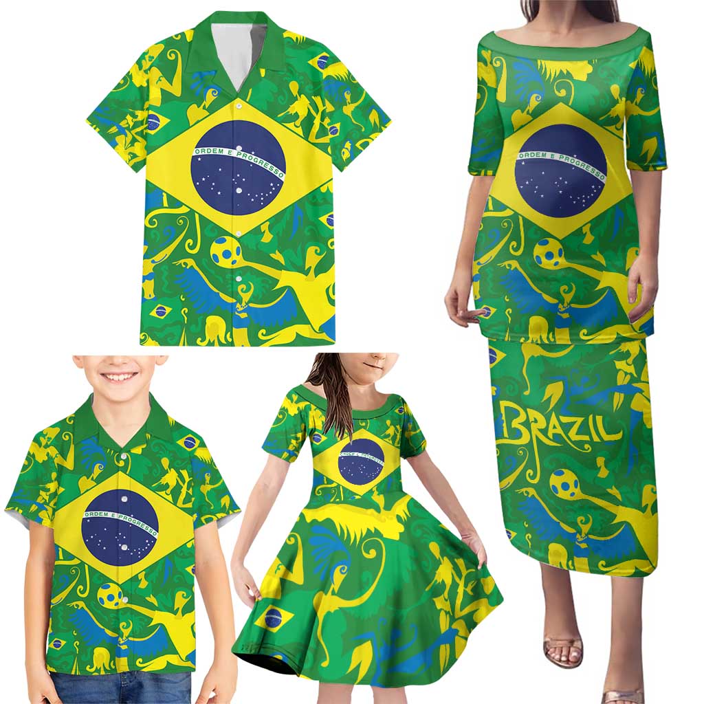 Brazil Ordem e Progresso Family Matching Puletasi and Hawaiian Shirt Native Brasil Mixed Together