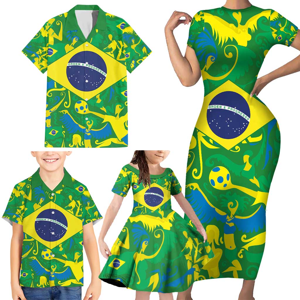 Brazil Ordem e Progresso Family Matching Short Sleeve Bodycon Dress and Hawaiian Shirt Native Brasil Mixed Together
