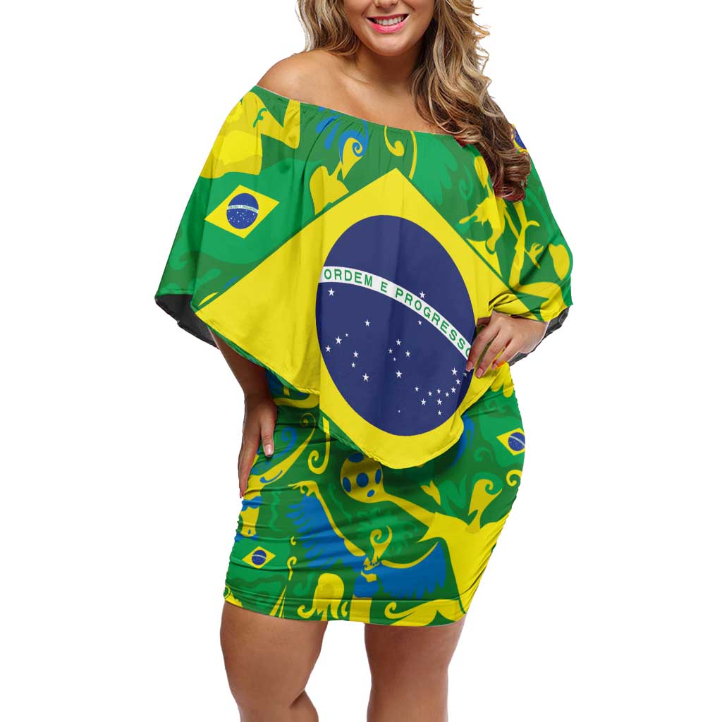 Brazil Ordem e Progresso Off Shoulder Short Dress Native Brasil Mixed Together