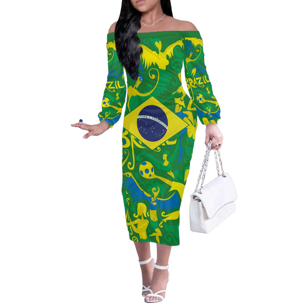 Brazil Ordem e Progresso Off The Shoulder Long Sleeve Dress Native Brasil Mixed Together
