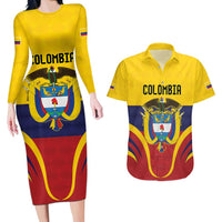 Colombia Football Custom Couples Matching Long Sleeve Bodycon Dress and Hawaiian Shirt Come On Los Cafeteros Flag Style