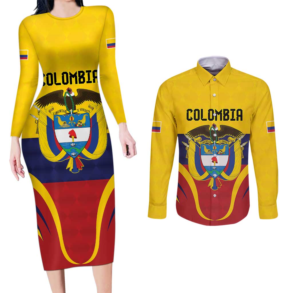Colombia Football Custom Couples Matching Long Sleeve Bodycon Dress and Long Sleeve Button Shirt Come On Los Cafeteros Flag Style