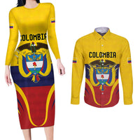 Colombia Football Custom Couples Matching Long Sleeve Bodycon Dress and Long Sleeve Button Shirt Come On Los Cafeteros Flag Style