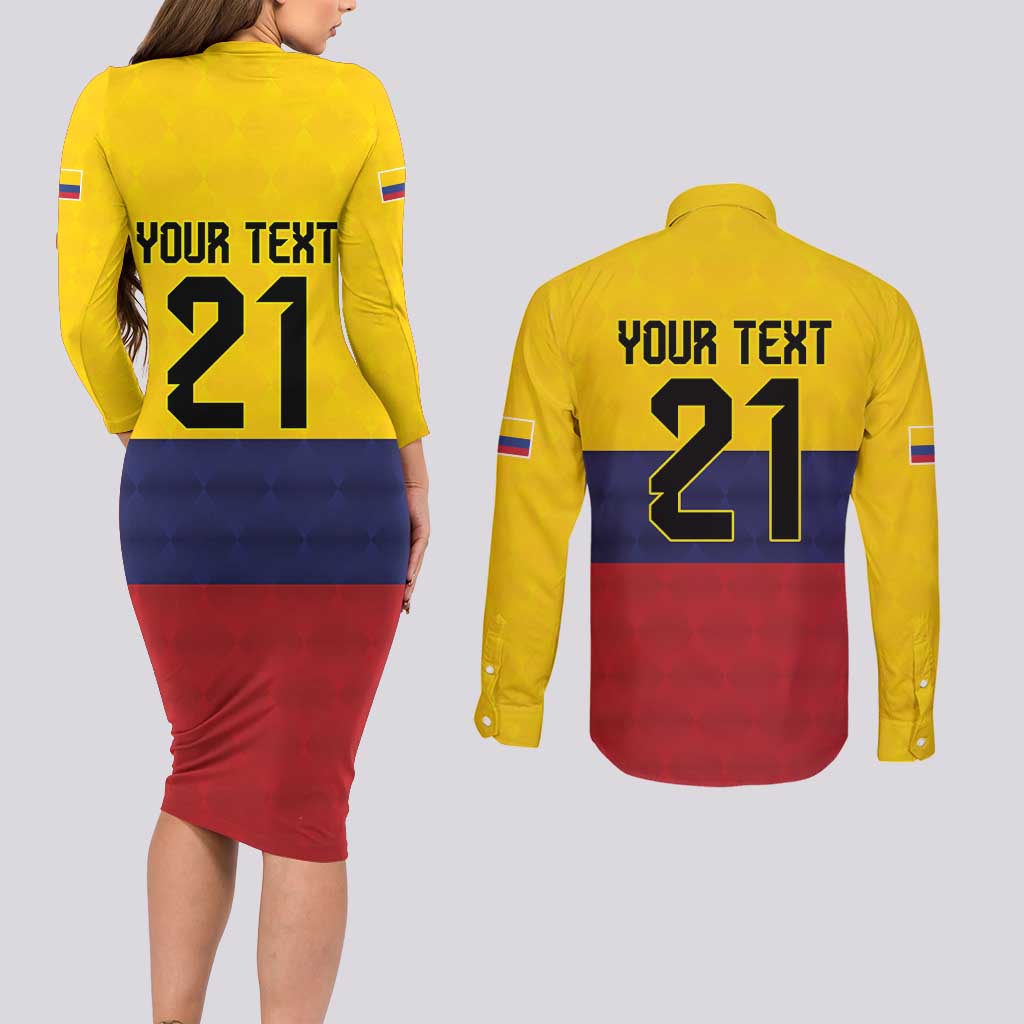 Colombia Football Custom Couples Matching Long Sleeve Bodycon Dress and Long Sleeve Button Shirt Come On Los Cafeteros Flag Style