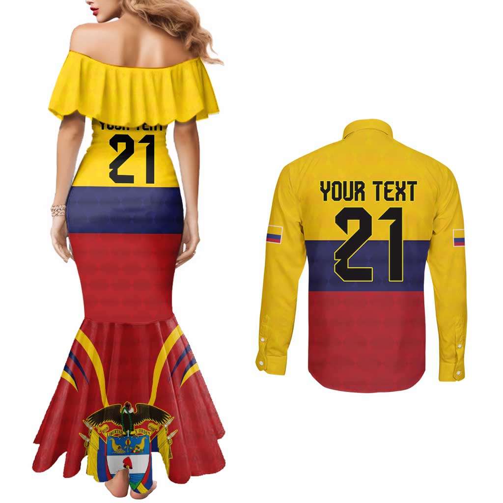 Colombia Football Custom Couples Matching Mermaid Dress and Long Sleeve Button Shirt Come On Los Cafeteros Flag Style