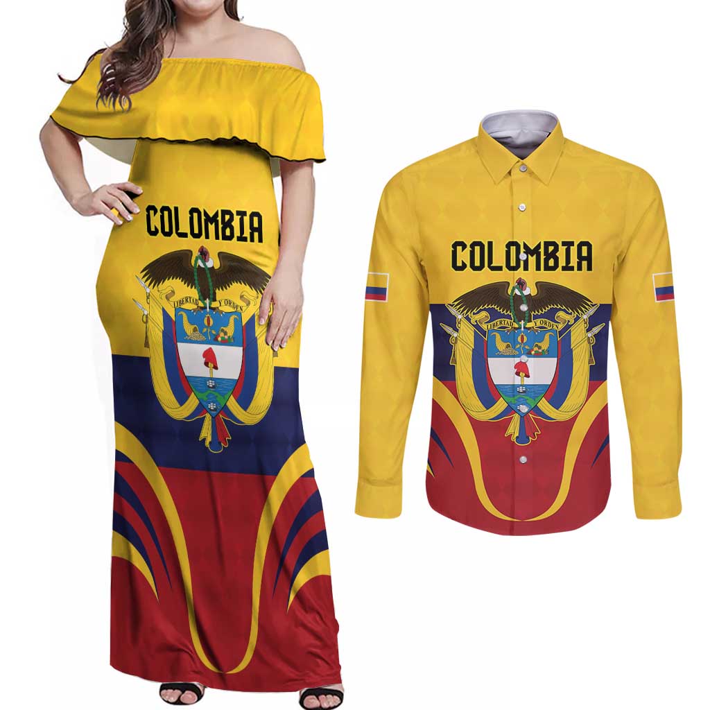 Colombia Football Custom Couples Matching Off Shoulder Maxi Dress and Long Sleeve Button Shirt Come On Los Cafeteros Flag Style
