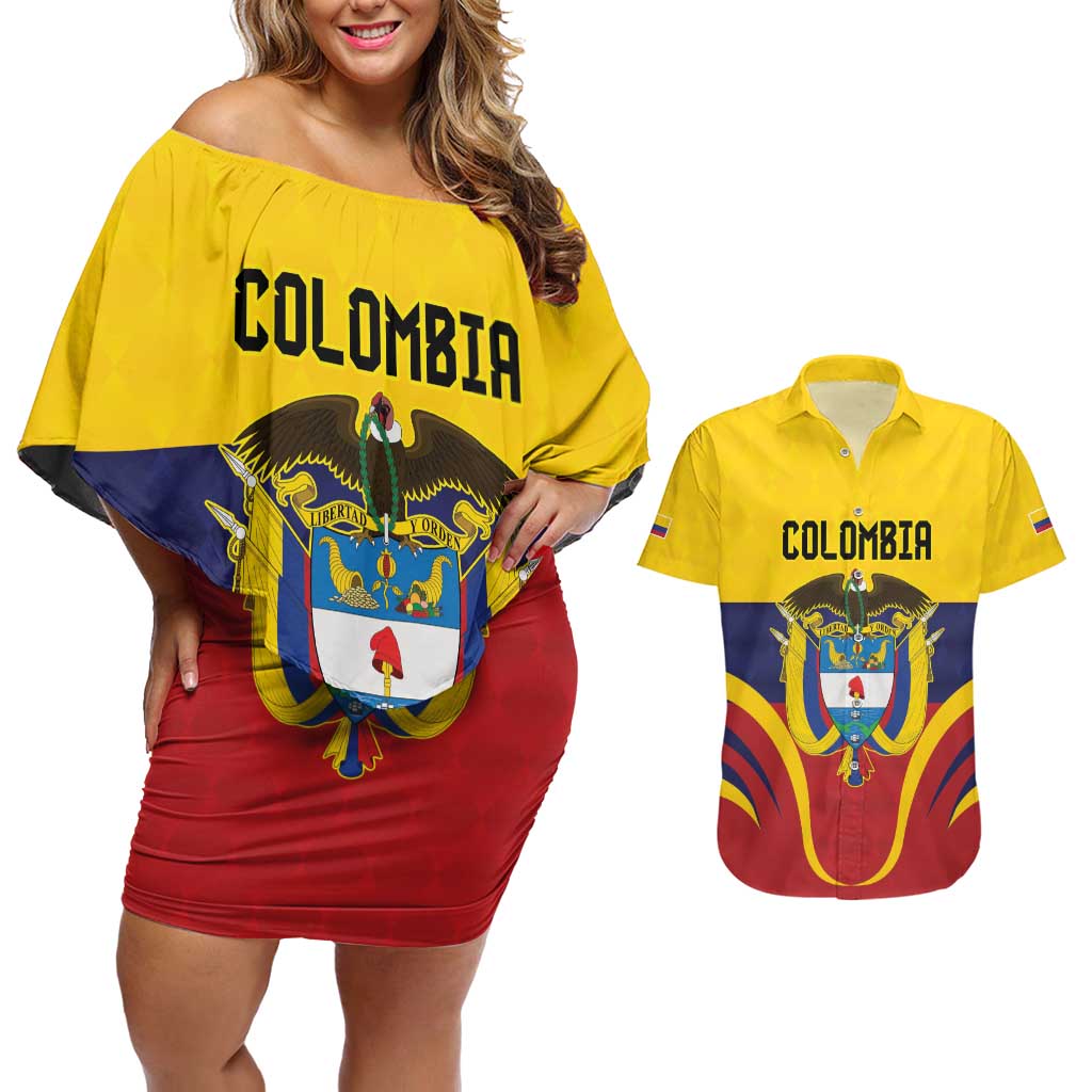 Colombia Football Custom Couples Matching Off Shoulder Short Dress and Hawaiian Shirt Come On Los Cafeteros Flag Style
