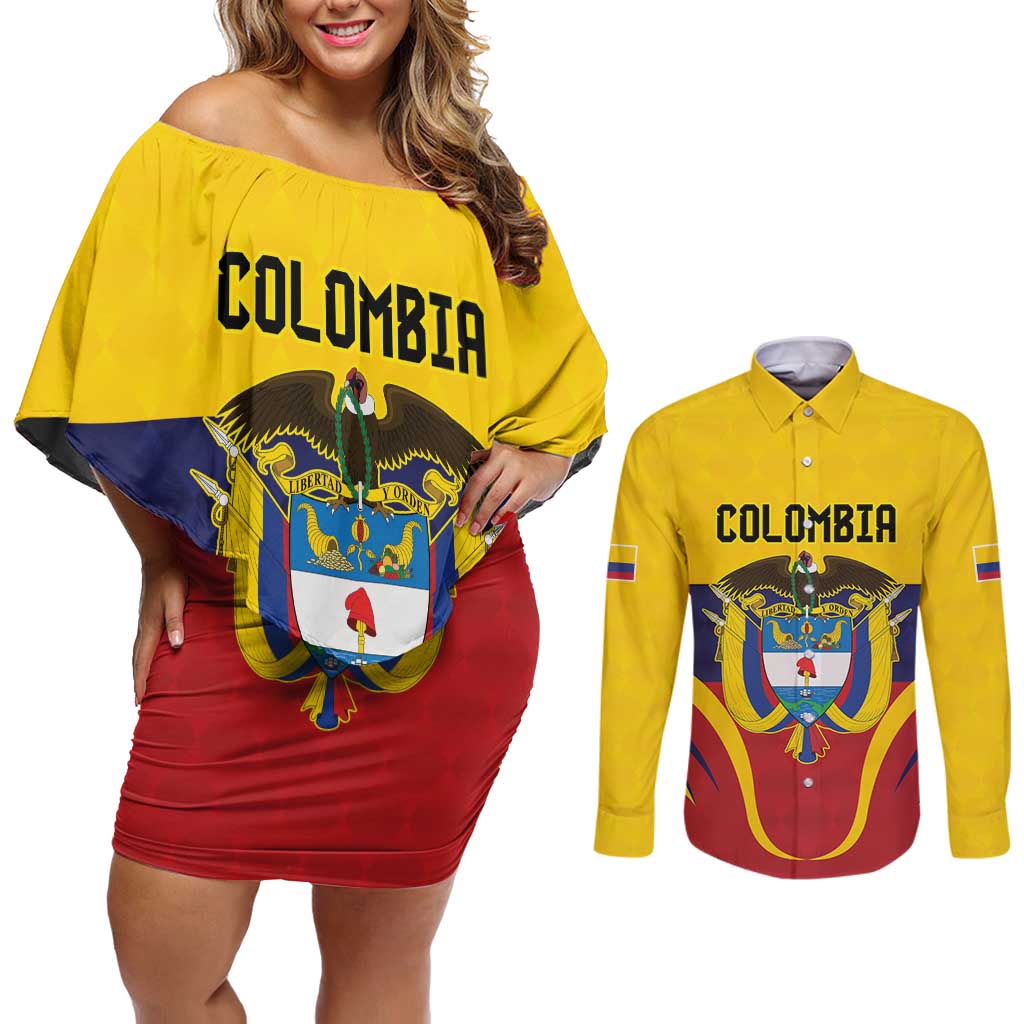 Colombia Football Custom Couples Matching Off Shoulder Short Dress and Long Sleeve Button Shirt Come On Los Cafeteros Flag Style