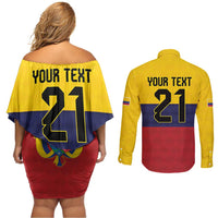 Colombia Football Custom Couples Matching Off Shoulder Short Dress and Long Sleeve Button Shirt Come On Los Cafeteros Flag Style