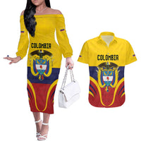 Colombia Football Custom Couples Matching Off The Shoulder Long Sleeve Dress and Hawaiian Shirt Come On Los Cafeteros Flag Style