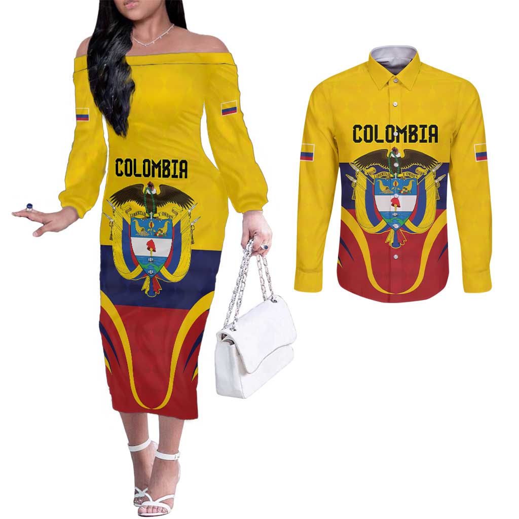 Colombia Football Custom Couples Matching Off The Shoulder Long Sleeve Dress and Long Sleeve Button Shirt Come On Los Cafeteros Flag Style