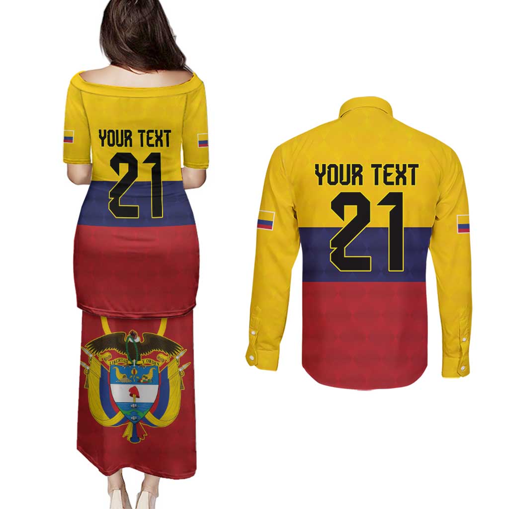 Colombia Football Custom Couples Matching Puletasi and Long Sleeve Button Shirt Come On Los Cafeteros Flag Style