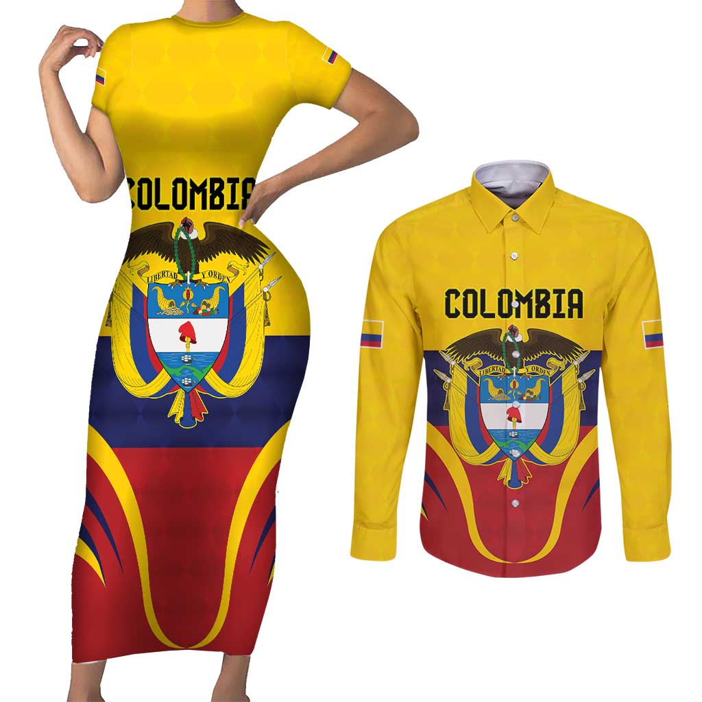 Colombia Football Custom Couples Matching Short Sleeve Bodycon Dress and Long Sleeve Button Shirt Come On Los Cafeteros Flag Style