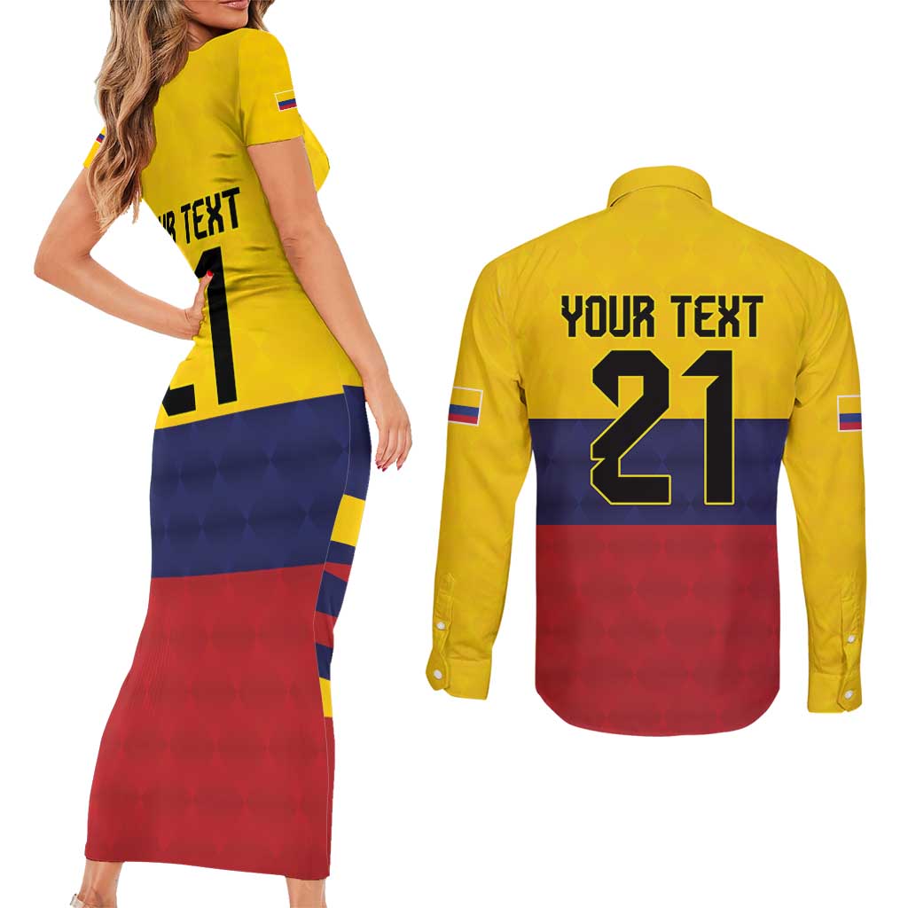 Colombia Football Custom Couples Matching Short Sleeve Bodycon Dress and Long Sleeve Button Shirt Come On Los Cafeteros Flag Style