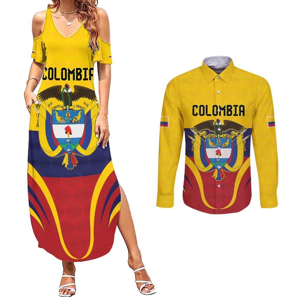 Colombia Football Custom Couples Matching Summer Maxi Dress and Long Sleeve Button Shirt Come On Los Cafeteros Flag Style