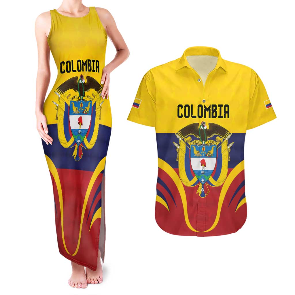 Colombia Football Custom Couples Matching Tank Maxi Dress and Hawaiian Shirt Come On Los Cafeteros Flag Style