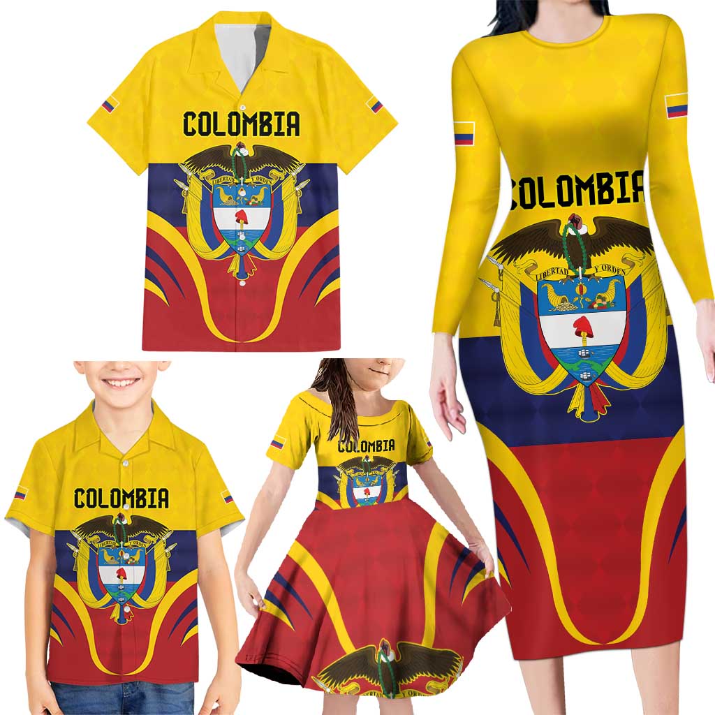 Colombia Football Custom Family Matching Long Sleeve Bodycon Dress and Hawaiian Shirt Come On Los Cafeteros Flag Style