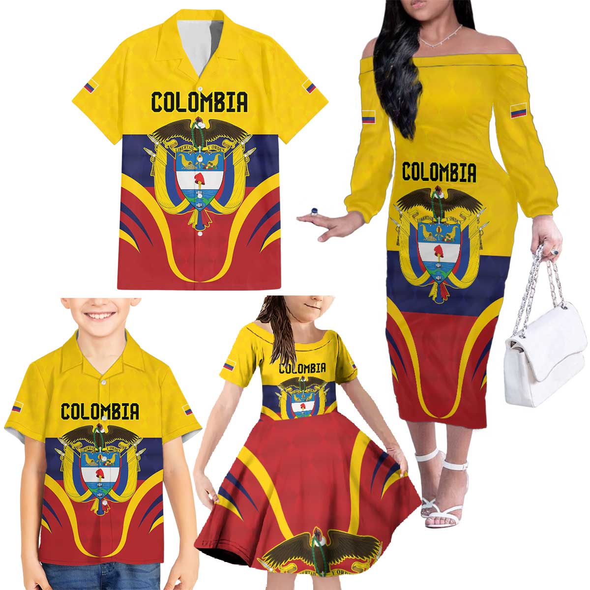 Colombia Football Custom Family Matching Off The Shoulder Long Sleeve Dress and Hawaiian Shirt Come On Los Cafeteros Flag Style