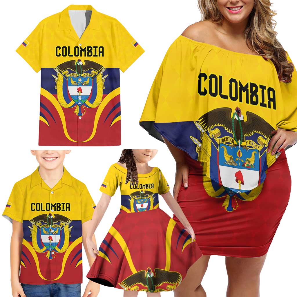 Colombia Football Custom Family Matching Off Shoulder Short Dress and Hawaiian Shirt Come On Los Cafeteros Flag Style