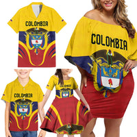 Colombia Football Custom Family Matching Off Shoulder Short Dress and Hawaiian Shirt Come On Los Cafeteros Flag Style