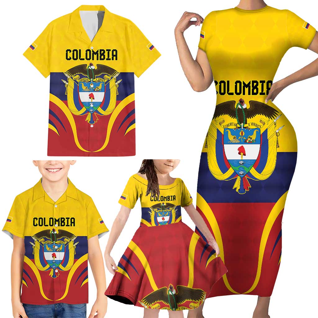 Colombia Football Custom Family Matching Short Sleeve Bodycon Dress and Hawaiian Shirt Come On Los Cafeteros Flag Style