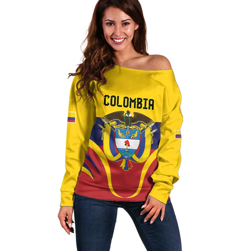 Colombia Football Custom Off Shoulder Sweater Come On Los Cafeteros Flag Style