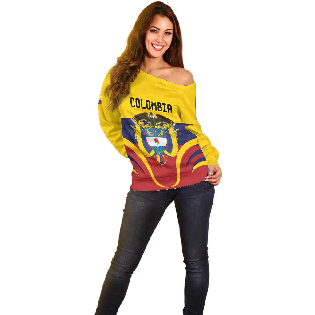 Colombia Football Custom Off Shoulder Sweater Come On Los Cafeteros Flag Style
